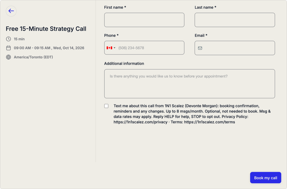 The booking form: name, phone and email, then one unticked texting box
