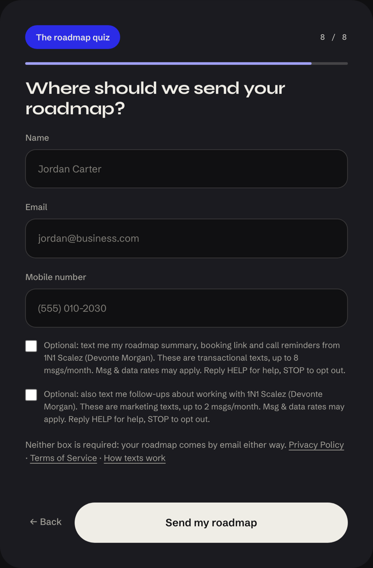 The last step of the roadmap quiz: name, email and mobile number, then two unticked texting boxes